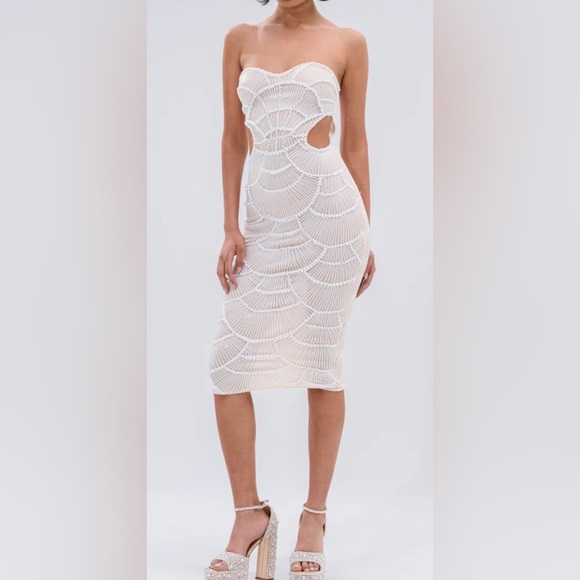 Chic Cream Beaded Midi Dress - Picture 1 of 13